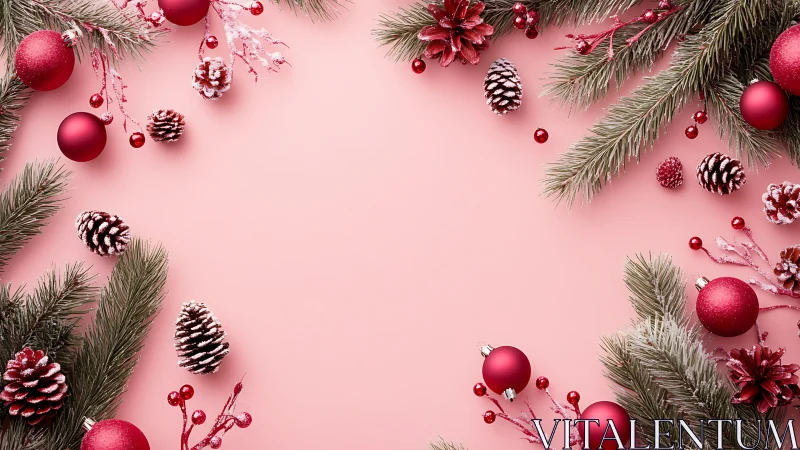 Pink background with red Christmas baubles and pinecones.