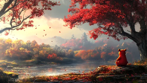 Autumn daydream bear beside a misty, ember-bright riverbank.