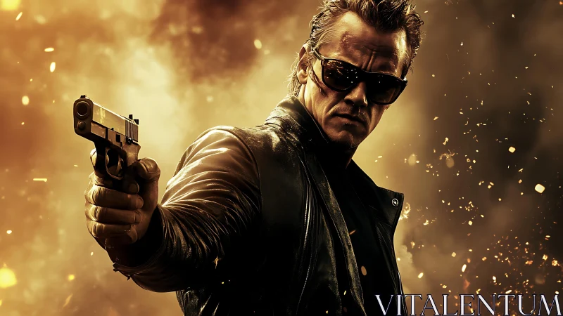 Gunmetal rebel strides through molten sparks and shadowed fire.