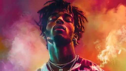 Portrait of young man in neon smoke with closed eyes