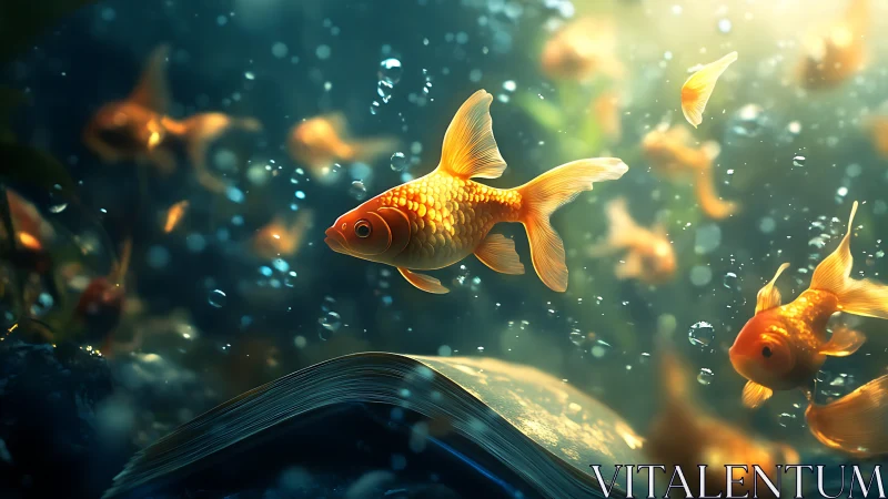 Glowing goldfish drift above an open book in dreamy water