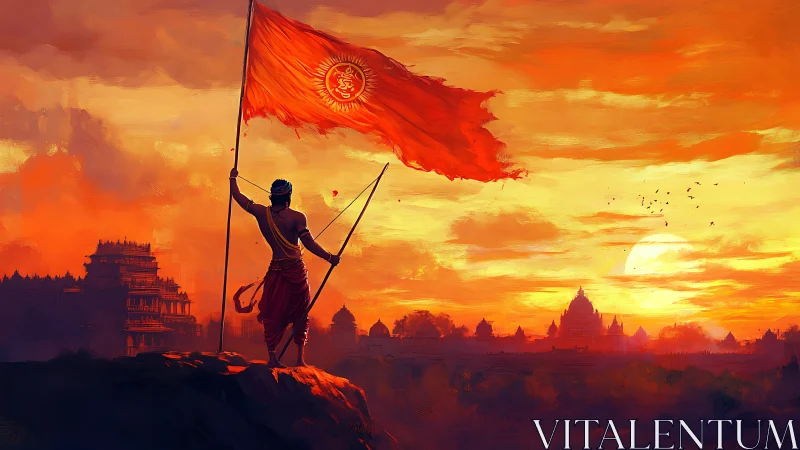 Sunset warrior raising sacred banner above ancient temples.