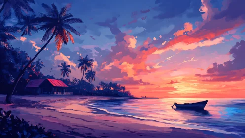 Tropical shoreline sunset with moored boat and vivid clouds.