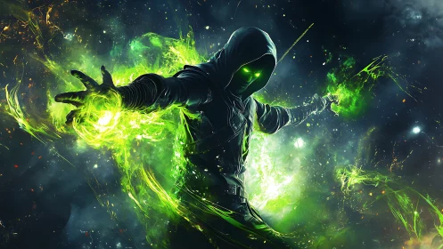 Hooded figure with green energy in dark cosmic setting.
