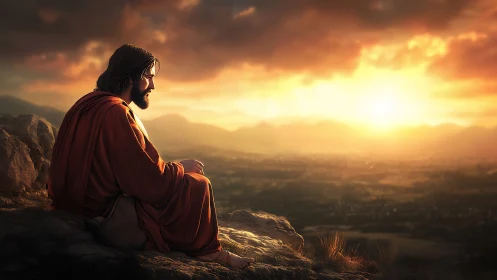 Solitary robed figure contemplates glowing valley sunset