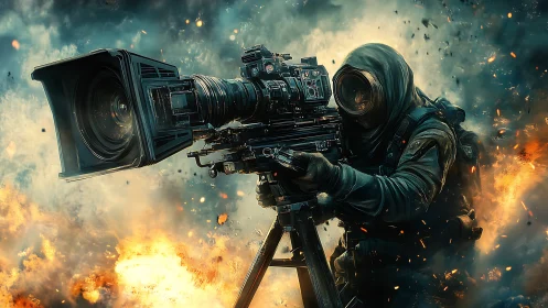 Cinematic combat cameraman amidst explosive battlefield chaos.