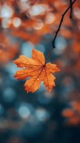 Single autumn leaf glows softly against dreamy bokeh haze