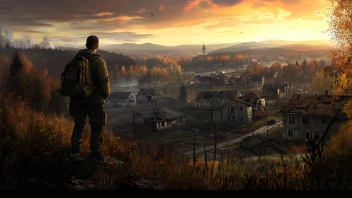 Lone figure surveying autumnal ruins at orange sunset sky.