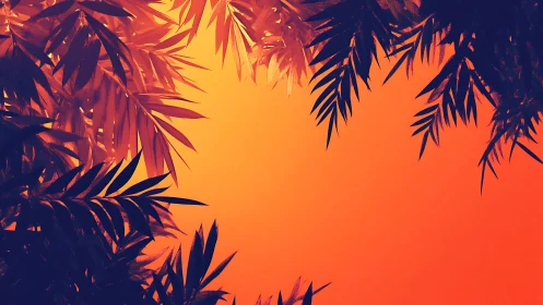 Sunlit jungle leaves glow warmly against a fiery sky