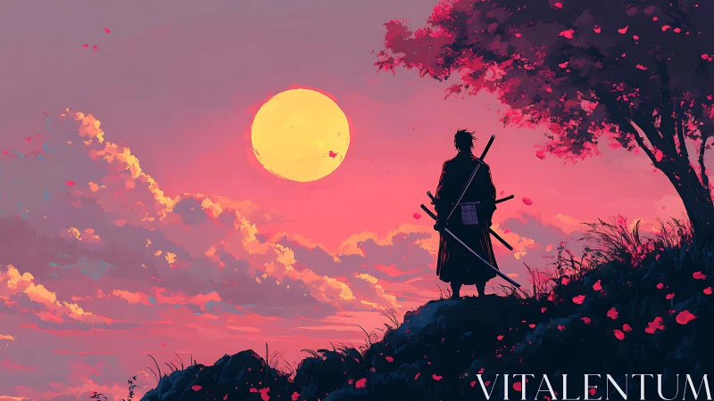 Samurai silhouette under chromatic sunset atmospheric bloom.