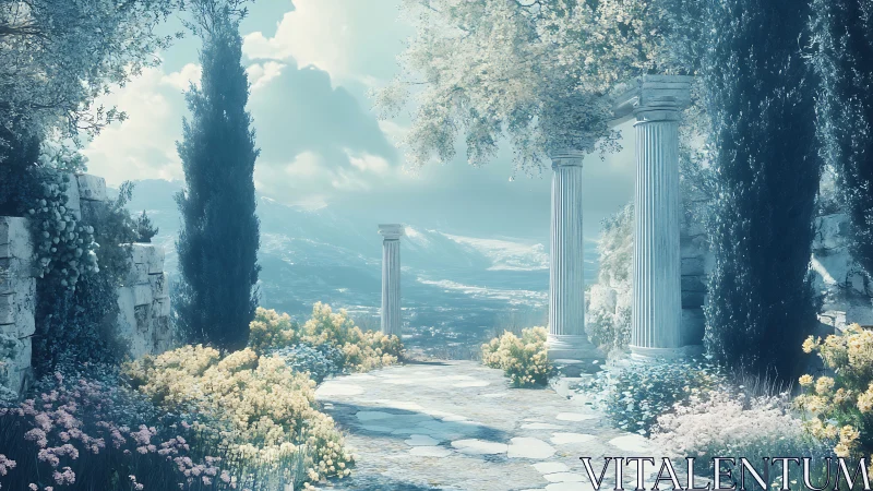 Classical stone garden path with pillars and distant mountains.