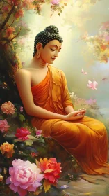 Serene Buddha meditates amid glowing blossoms and soft light