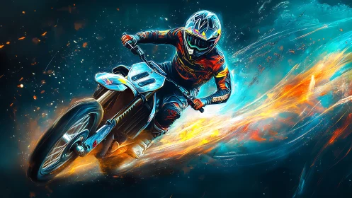 Flame-trail motocross rider carving light through neon night.