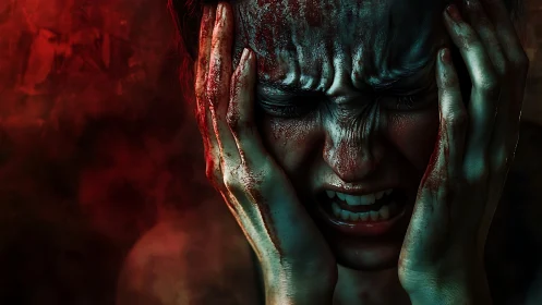 Bloodstained face pressed between hands in intense anguish