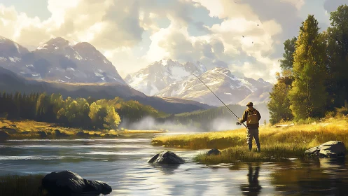 Solitary fly fisherman in golden alpine river landscape.