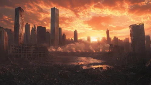 Post-impact megacity ruin under volumetric firelit sky.