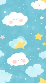 Smiling pastel clouds float with stars on teal sky.