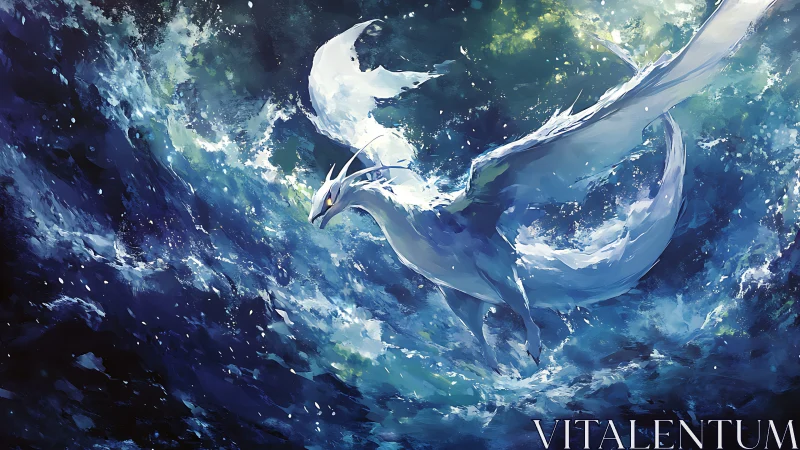 Ocean dragon surges through luminous swirling waves.