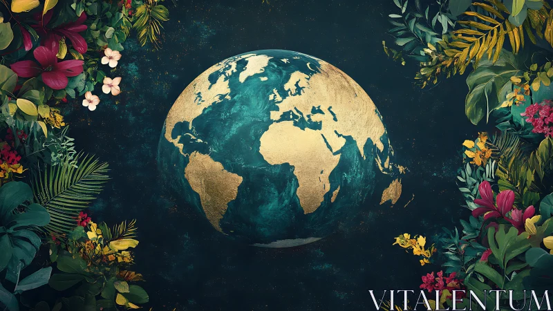 Golden earth cradled by lush tropical blooms in night sky.