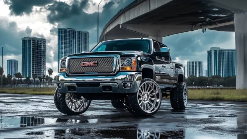 Lifted GMC pickup truck under urban overpass in wet city lot.
