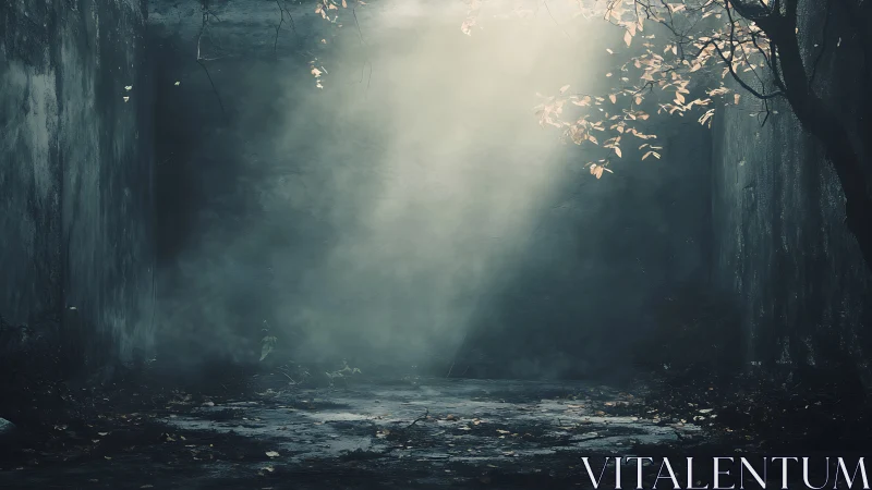 Sunlight shaft in enclosed concrete yard with lone tree.