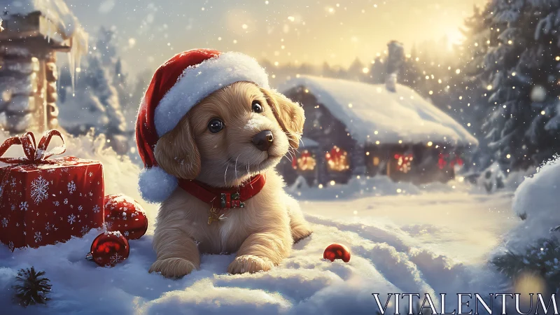 Snowy Christmas puppy in Santa hat before cozy cabin.