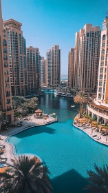 High-rise waterfront complex with central pool and canal.