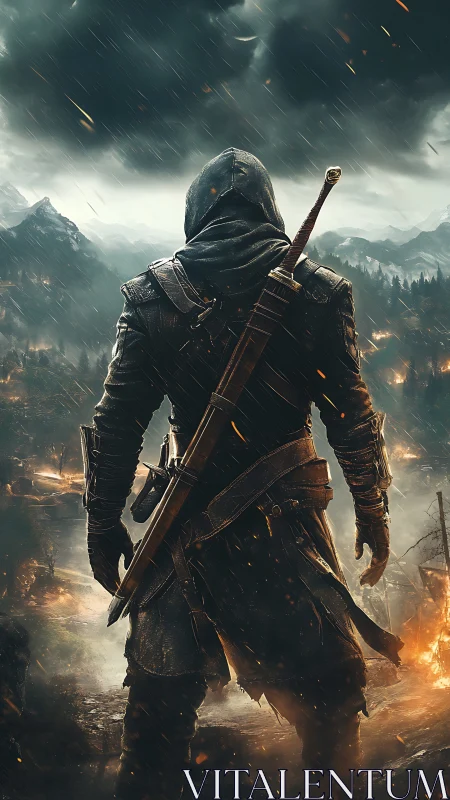 Hooded warrior stands armed over burning valley in storm