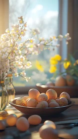 Pastel Easter eggs rest in warm spring window light.