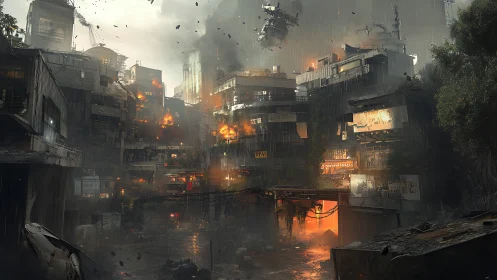 Stormlit cyberpunk city caught between ruin and survival.