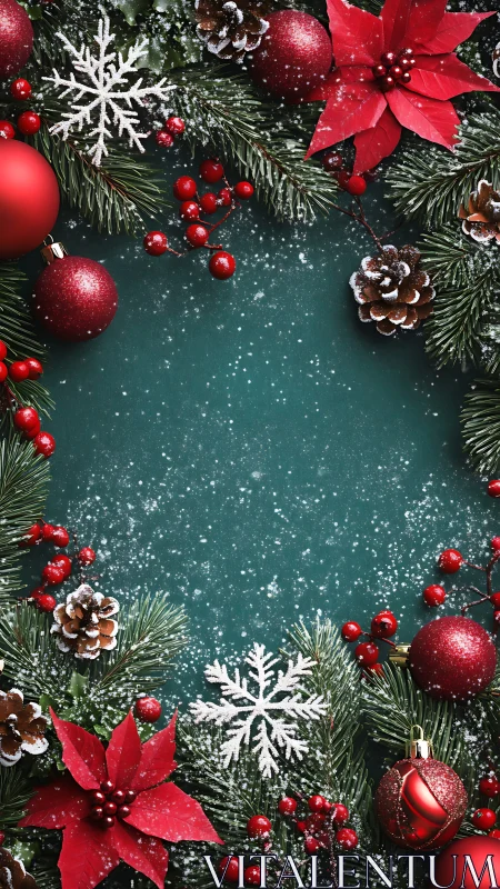 Snow-kissed Christmas wreath frame of poinsettias and pine.