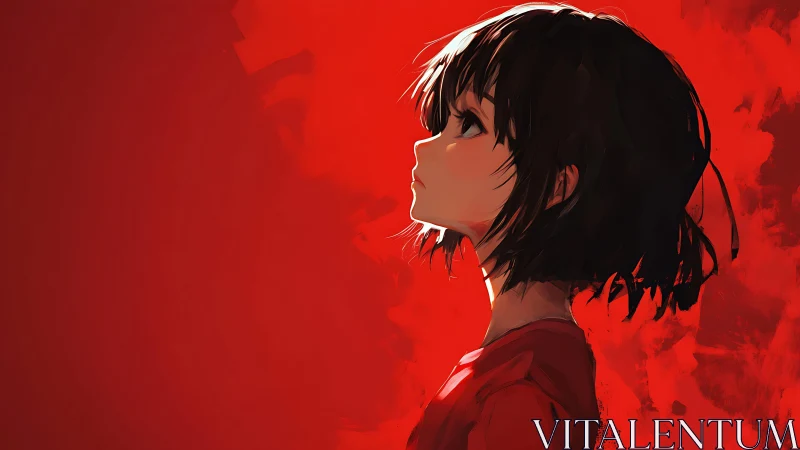 Thoughtful girl in red pausing in a bold, dreamlike glow.