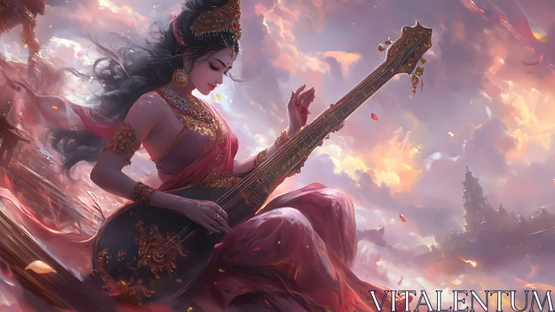 Celestial musician braids sunset clouds into shimmering song