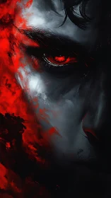 Fiery red eye emerges from shadowed, storm-darkened face.