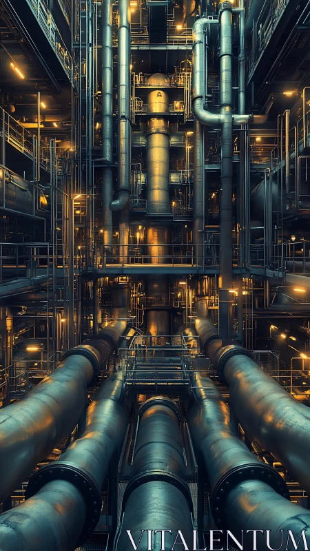 Industrial pipe labyrinth glows under cinematic lights.