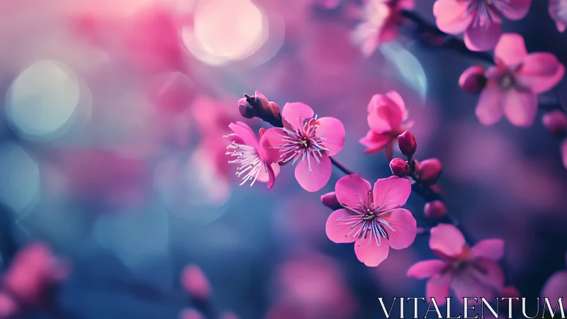 Soft pink blossoms glow against a dreamy twilight blur
