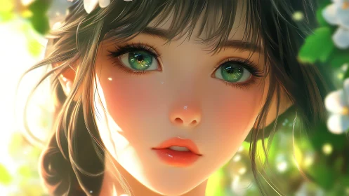 Emerald-eyed girl glows in sunlit blossom garden portrait