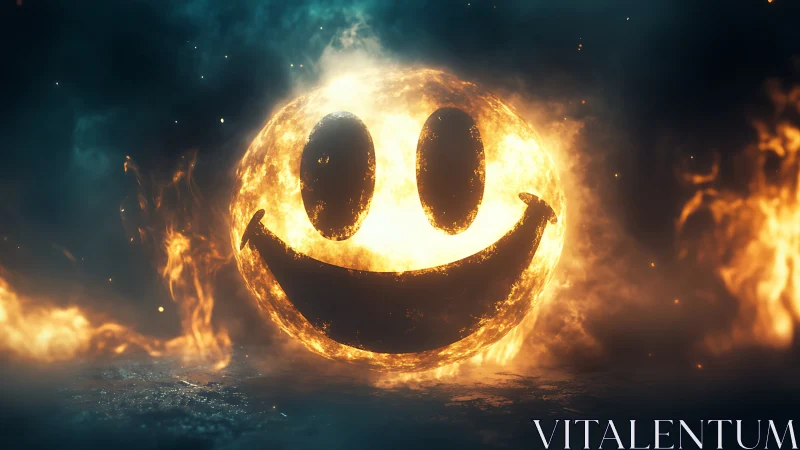 Burning smiley face sphere glows against smoky dark void