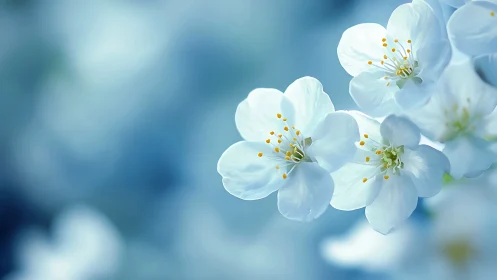 Delicate white blossoms with golden stamens against serene blue bokeh.