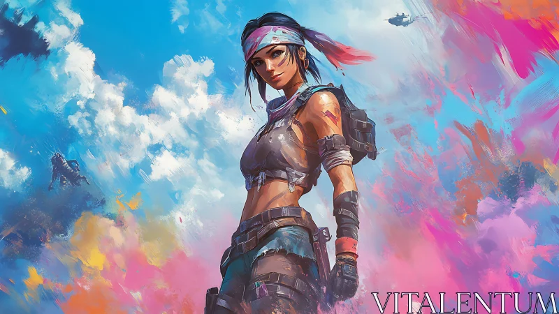 Bold sky warrior standing in a storm of bright colors.