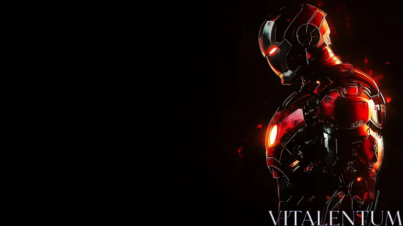 Cybernetic armored figure in red side profile, high contrast.