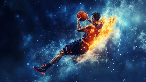 Explosive basketball dunk erupts with cosmic fire and motion