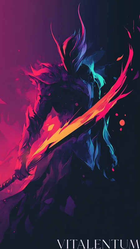 Abstract neon warrior silhouette with blazing energy sword.
