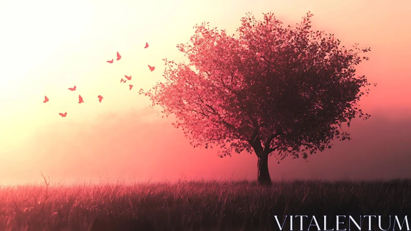 Solitary tree with flying birds in warm sunset field scene.