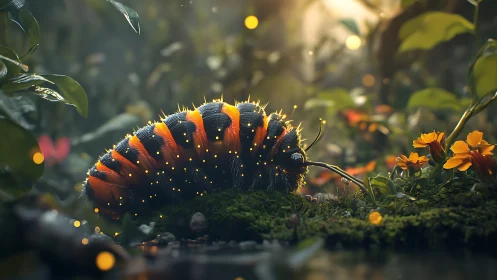 Bioluminescent caterpillar glowing in lush forest twilight.