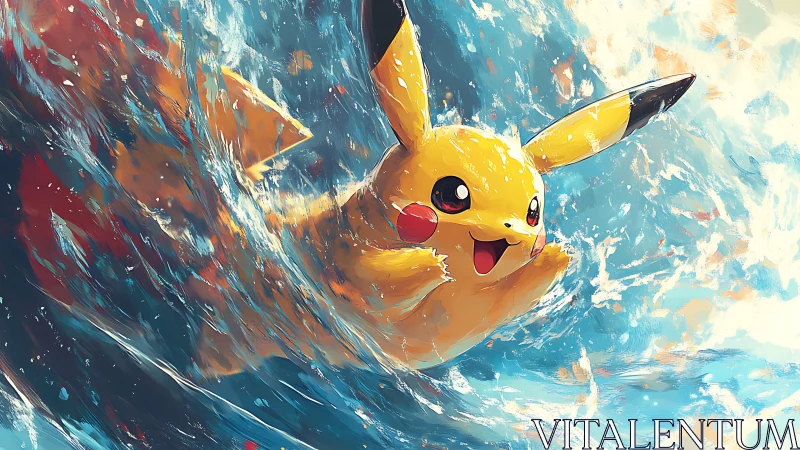 Joyful electric friend surfing a wild painted wave.