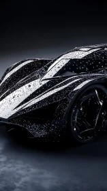 Star-splashed futuristic supercar glowing in the dark night.