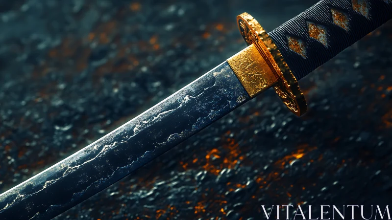 Gilded katana closeup with molten reflections beneath.