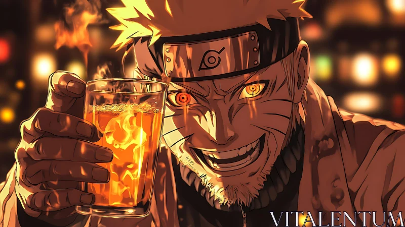 Anime ninja character holds glowing drink in dramatic lighting