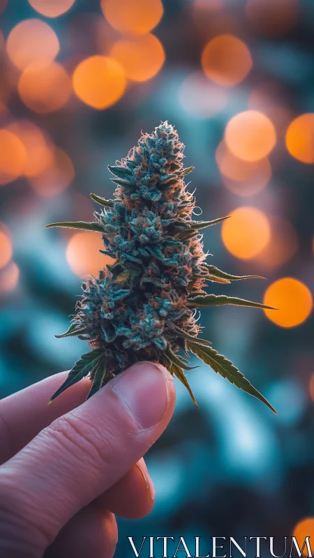 Hand holding cannabis bud against blurred bokeh lights.
